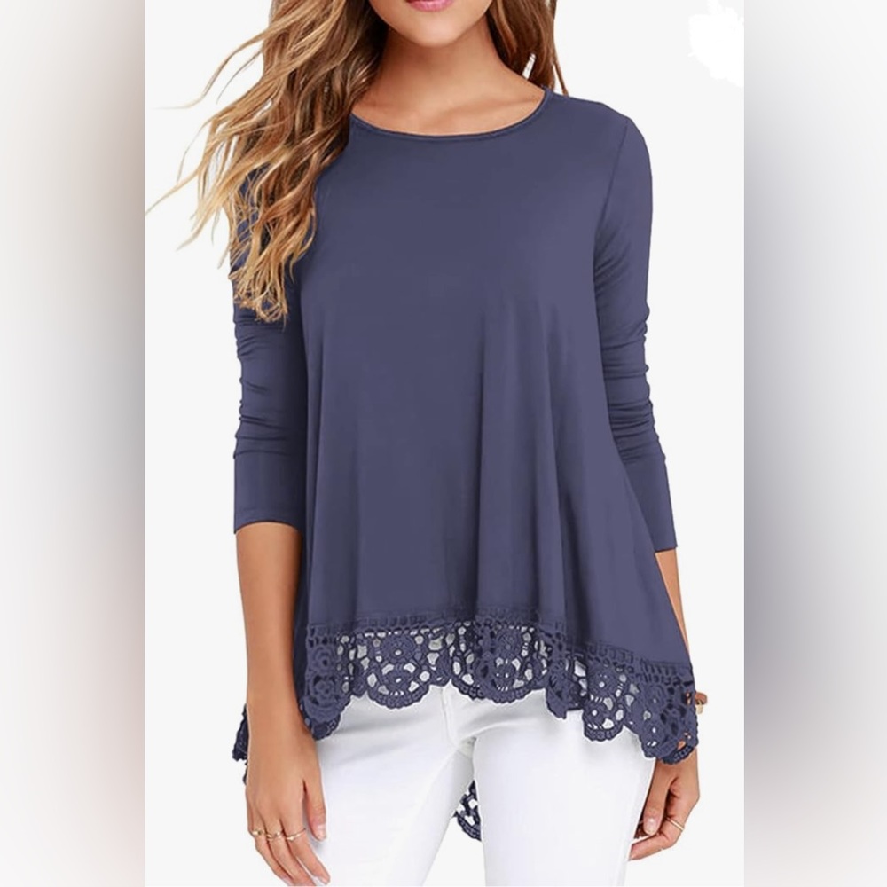 Lady’s Floral Lace Trim A Line Tunic Top M
